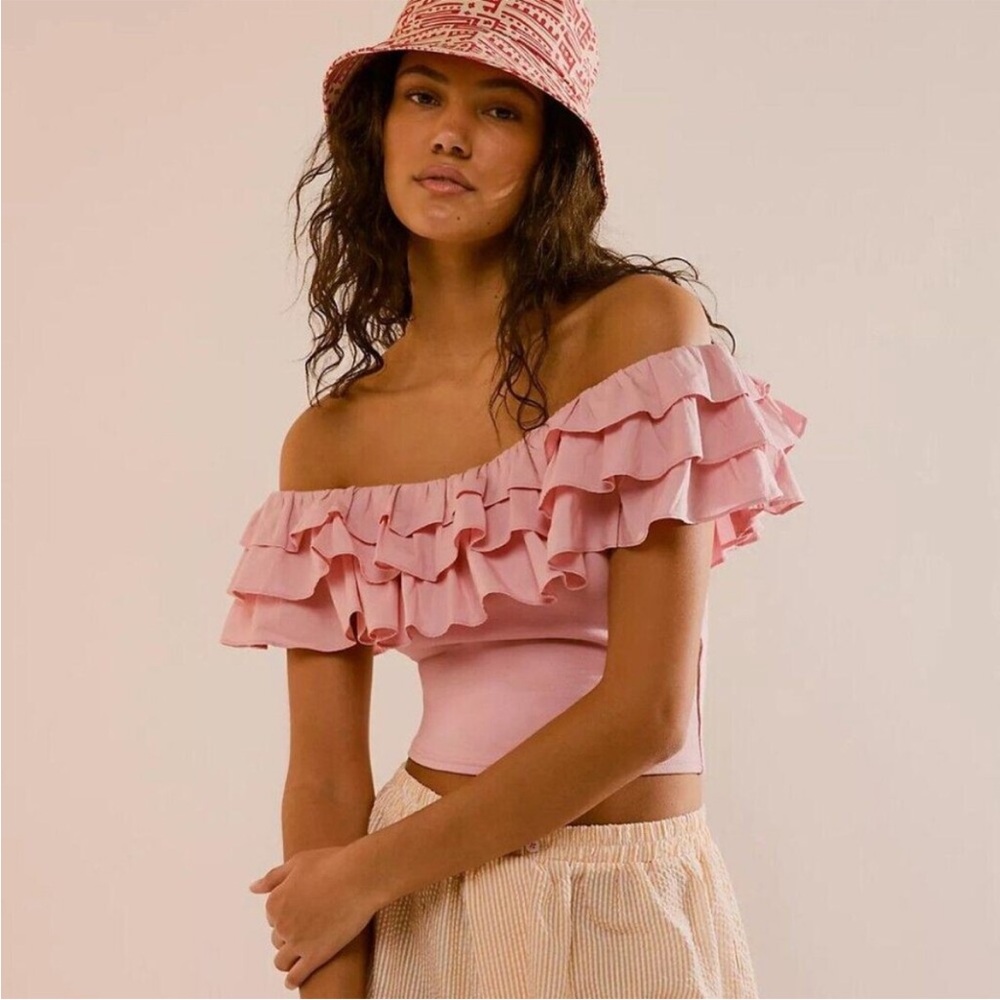 Free People FP Beach Deirdre Pink Top Ruffle Off-The-Shoulder XS